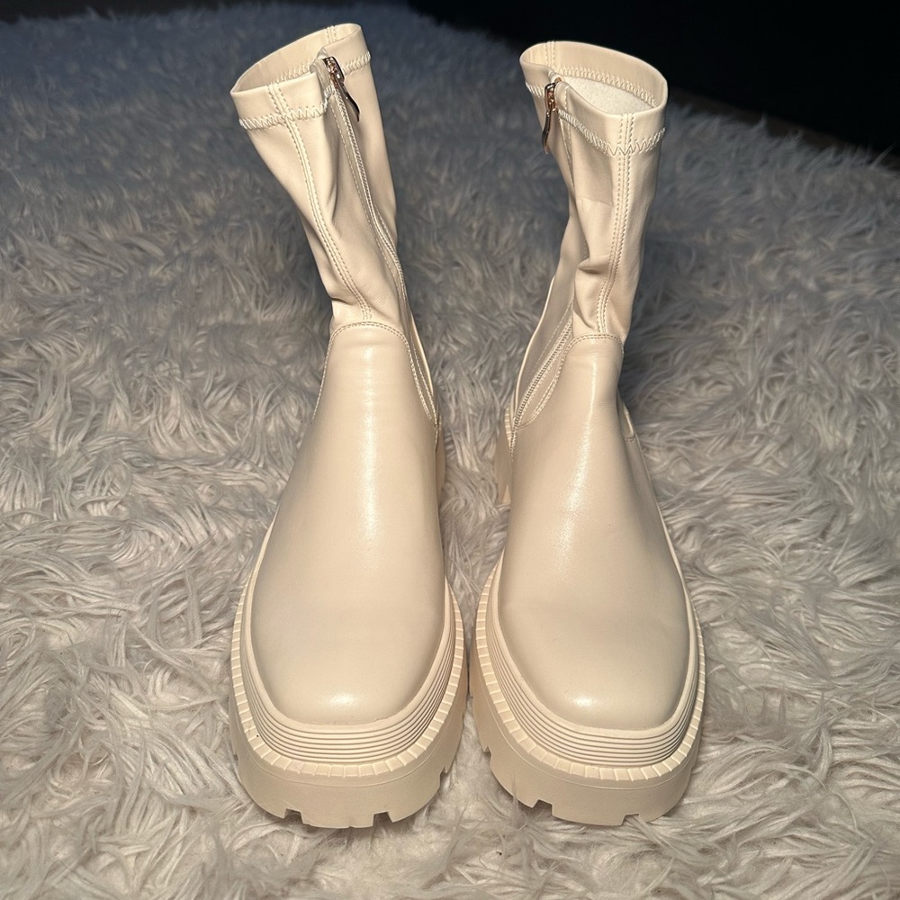 Pretty Little Thing, semi high cream leather boots .
